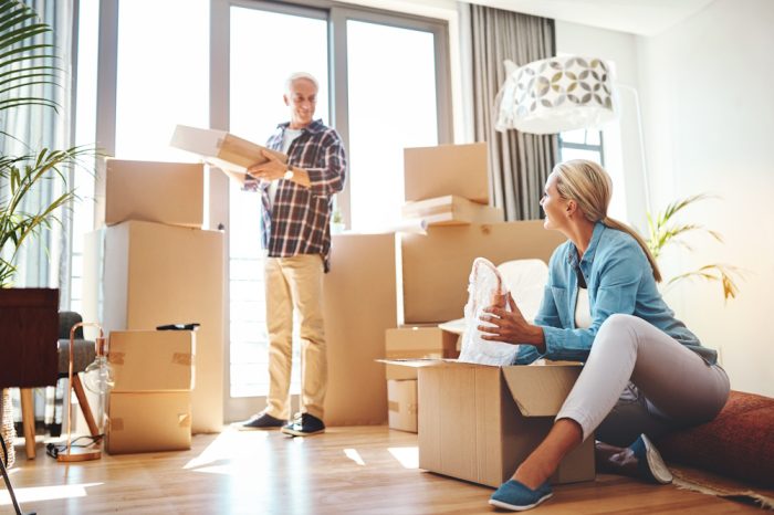 senior couple packing up house